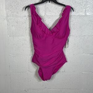 DKNY Ruffle Plunge Underwire Tummy Control One-Piece Swimsuit PINK XXL